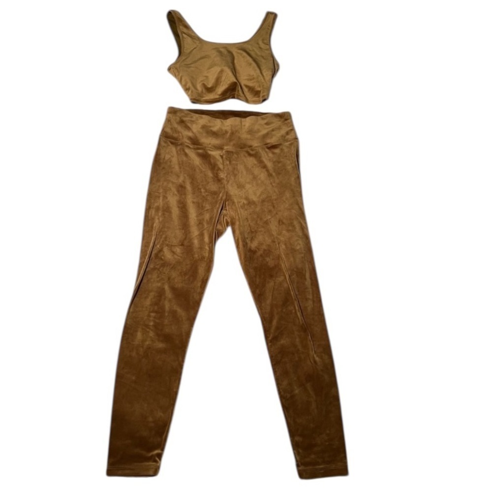 Aerie Offline Women's Size L/XL Velour Set Gold Tan Sports Bra Leggings Recharge